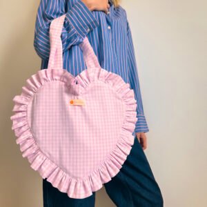 Sac coeur à volants en tissu vichy rose et blanc fait main